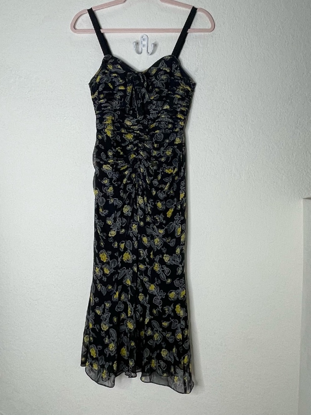 Cinq a Sept Silk Floral Dress Size 2 Ruched Spaghetti Strap Midi Black Yellow